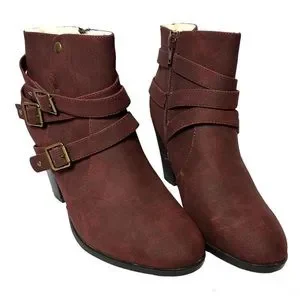 JustFab Shoes Just Fab Women Burgundy Side Zip Heeled Triple Strap Yarah Ankle Boots Poshmark